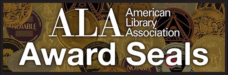 ALA American Library Association Award Seals; text overlays a background composed to overlapping award seals.