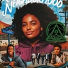 The book cover of "There Goes the Neighborhood" by Jade Adia shows a montage of photos of diverse teens, with the largest, centered photo being that of a young African-American woman. Street signs showing the intersection of Kofa Park Drive and Sosi Avenue are shown, and power lines and palm trees are in the sky. The award seal for the Steptoe award has been added to the cover.