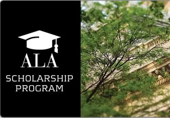 Building with pillars with a tree in the foreground with a graduation cap icon and text that reads ALA Scholarship Program