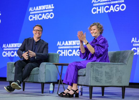 Judy Blume onstage with moderator at 2023 ALA Annual Conference