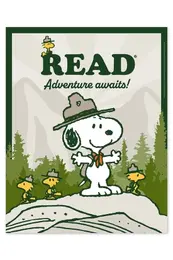 Snoopy and birds in ranger hats outdoors with text 'READ' and 'Adventure awaits!