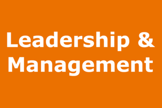 Leadership & Management in white text on a darker orange background