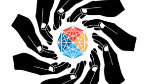 Volunteer with Core. The polyhedron logo of Core surrounded by a vortex of pitch black hands