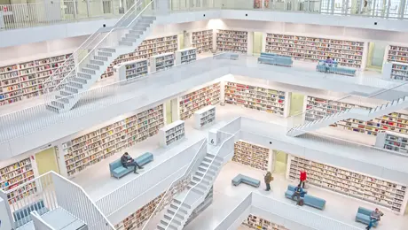 Photo of a large library room with expansive bookshelves