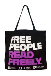 Black tote bag with the text "FREE PEOPLE READ FREELY" in white and purple