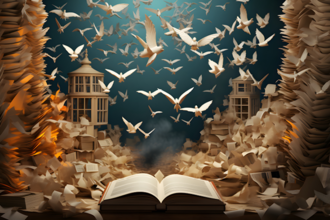 An abstract image of open book and origami birds as metaphor for Intellectual Freedom 