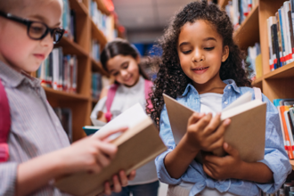 An image of 3 young girls reading in the library