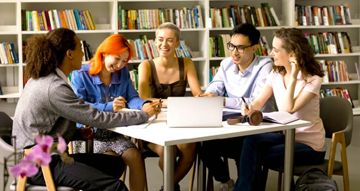 stock photo of a group of members working in a library