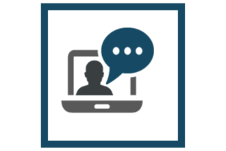 Icon of person on laptop with speech bubble