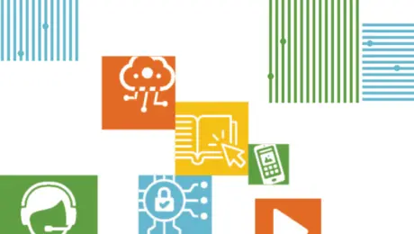 Stylized graphical icons of technology, including ebooks, voice over IP, mobile phone, and cloud computing and storage.