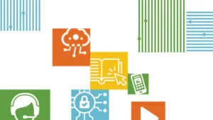 Stylized graphical icons of technology, including ebooks, voice over IP, mobile phone, and cloud computing and storage.